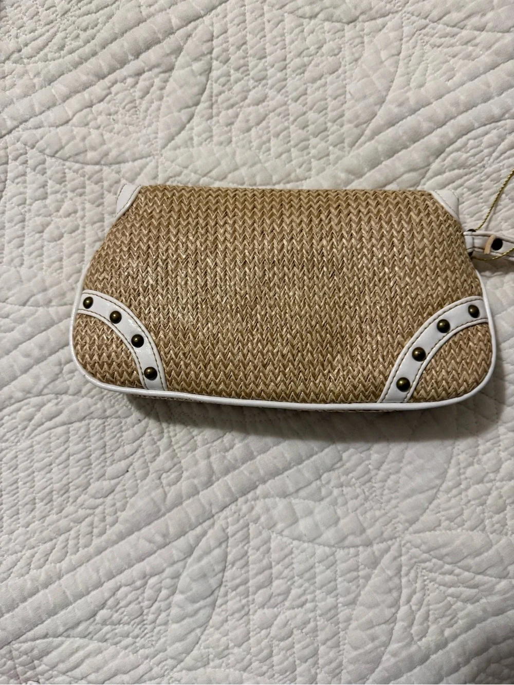 Target Straw Wristlet Clutch with White Trim and Floral Accent